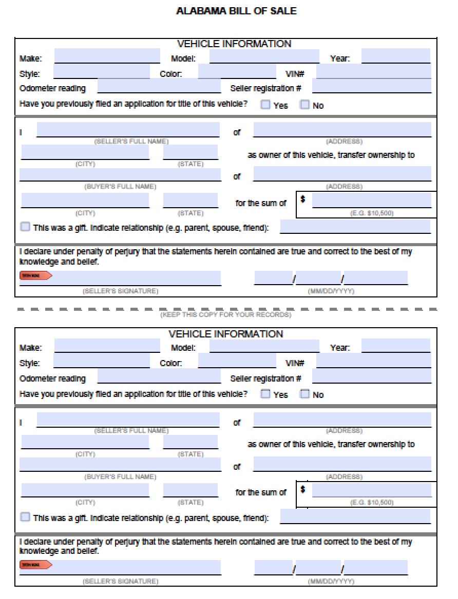 Free Printable Alabama Vehicle Bill Of Sale