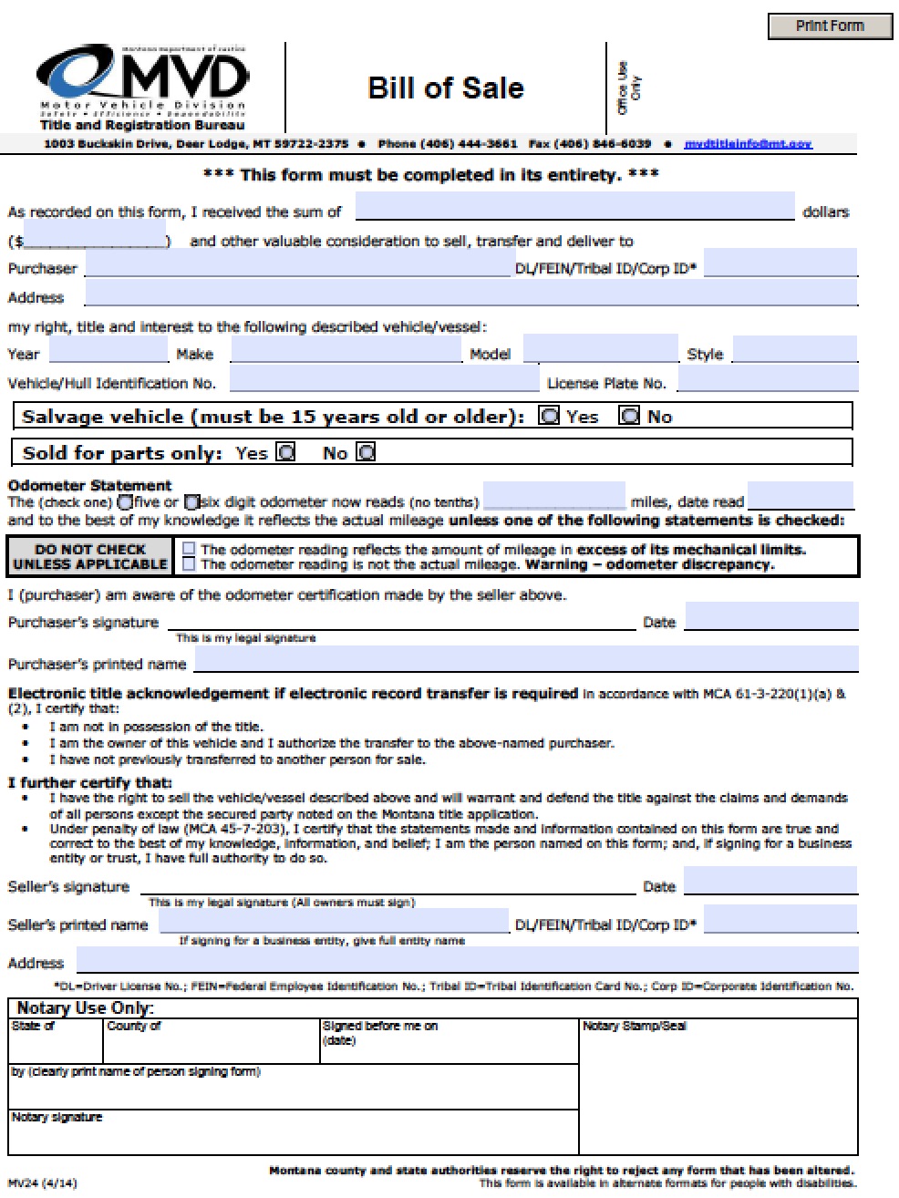 Free Montana MVD (Vehicle/Boat) Bill of Sale MV24 Form PDF Word