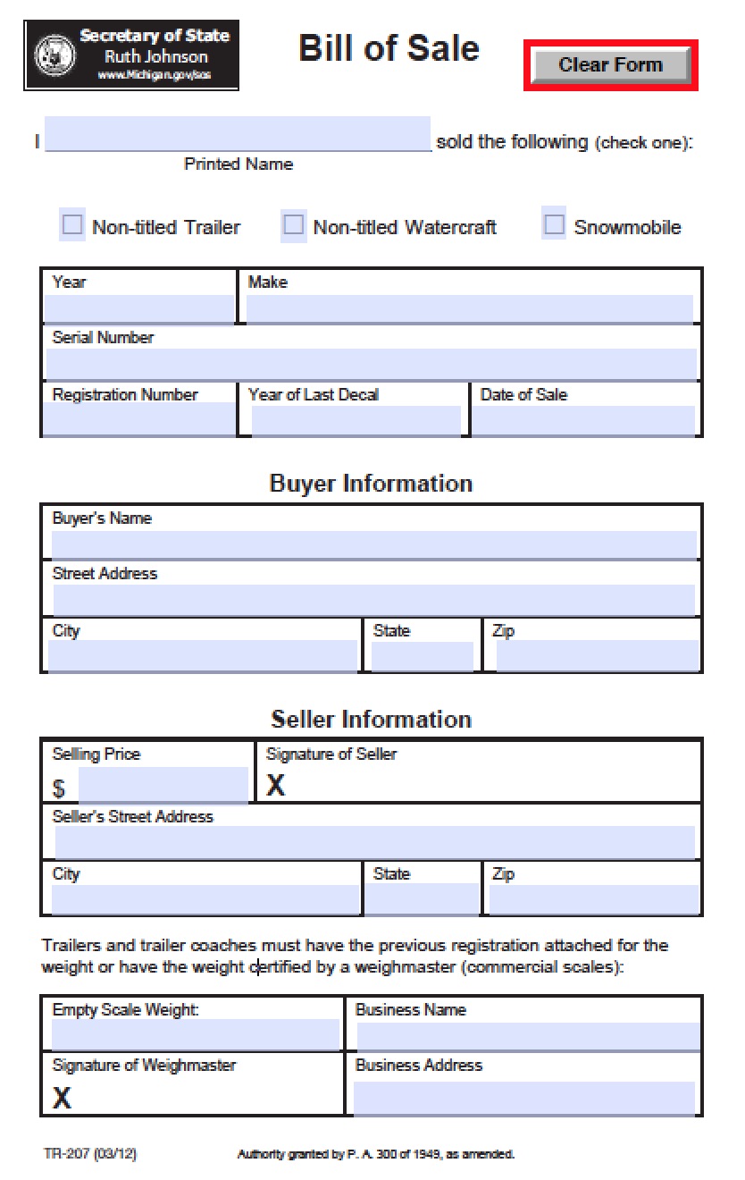 free-michigan-boat-trailer-snowmobile-bill-of-sale-tr-207-form