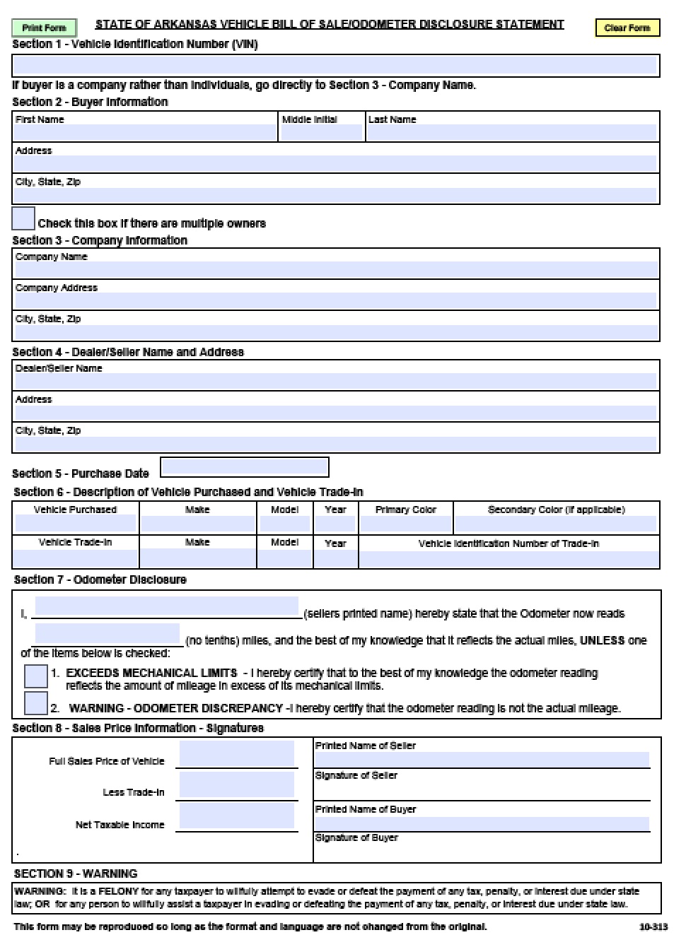 Free Arkansas Motor Vehicle Commission Bill of Sale Form PDF Word