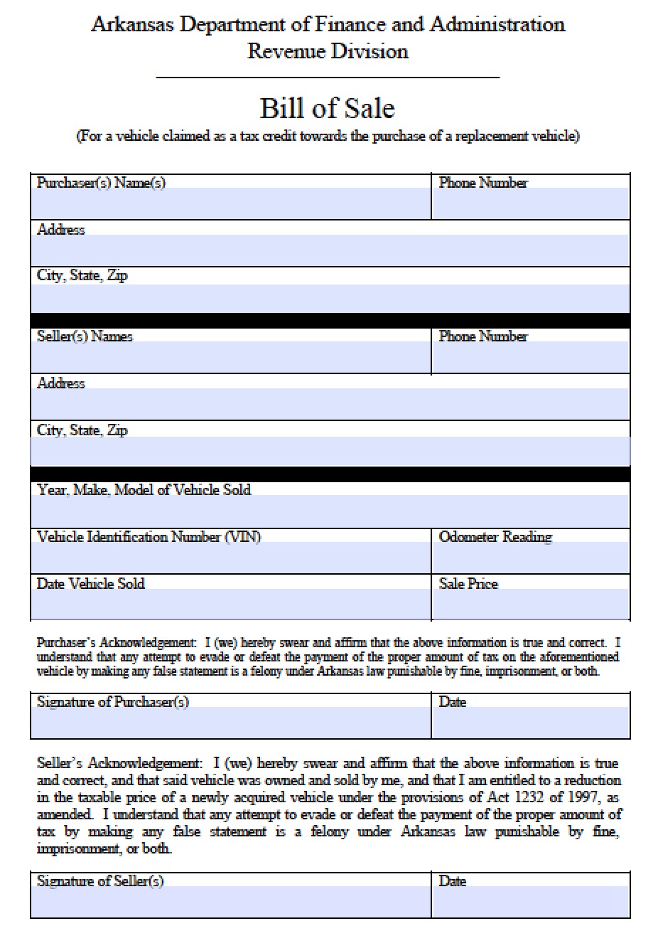 Free Arkansas Motor Vehicle Commission Bill of Sale Form PDF Word