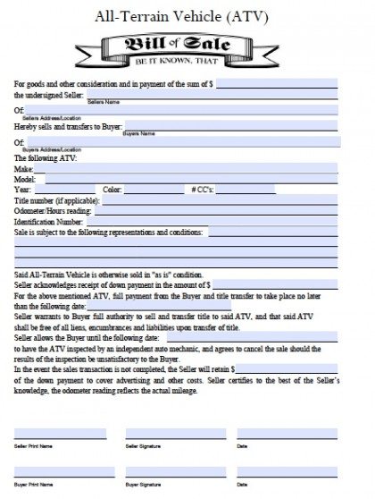 Free All Terrain Vehicle ATV Bill Of Sale Form PDF Word Doc