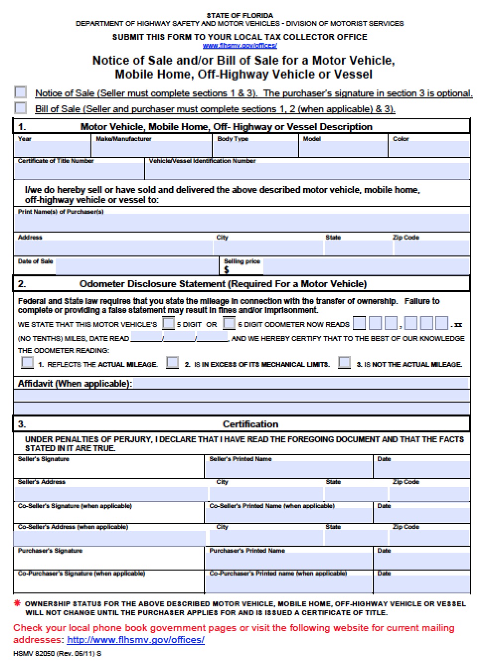 Free Florida DMV (Vehicle) Bill of Sale Form PDF Word ( doc)