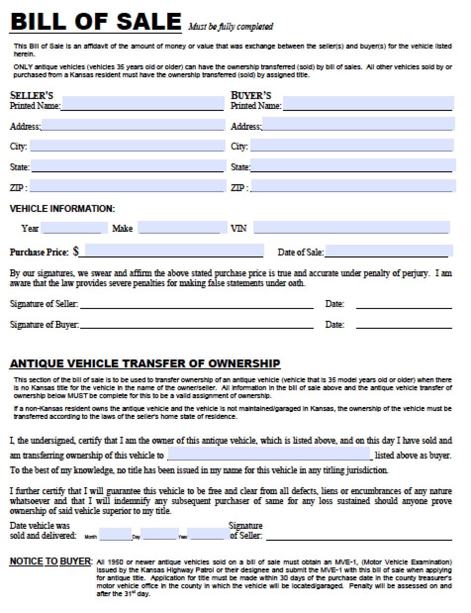 Free Kansas Dmv Vehicle Bill Of Sale Tr 12 Form Pdf Word Doc 1353