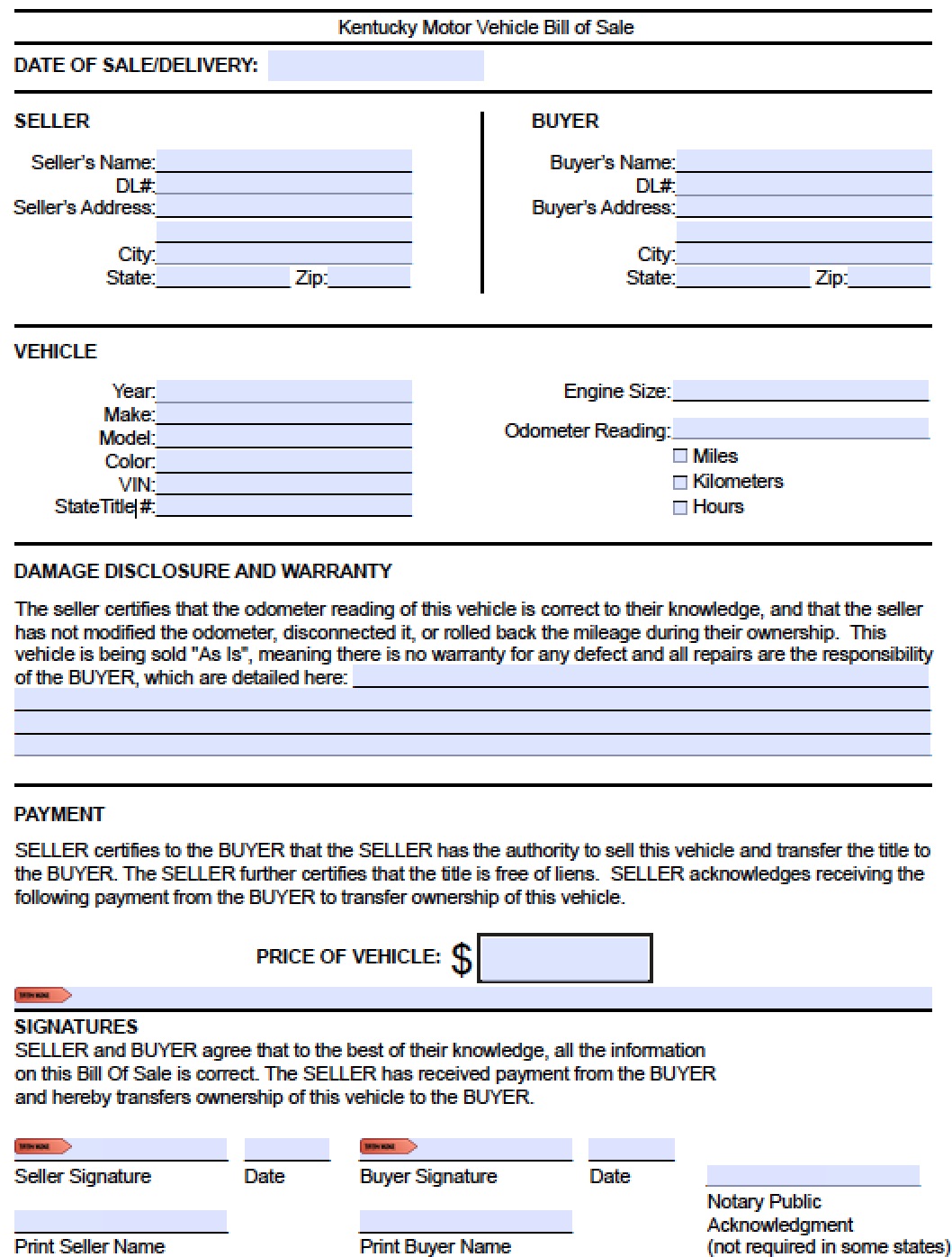Free Kentucky DMV (Vehicle) Bill of Sale Form | PDF | Word (.doc)