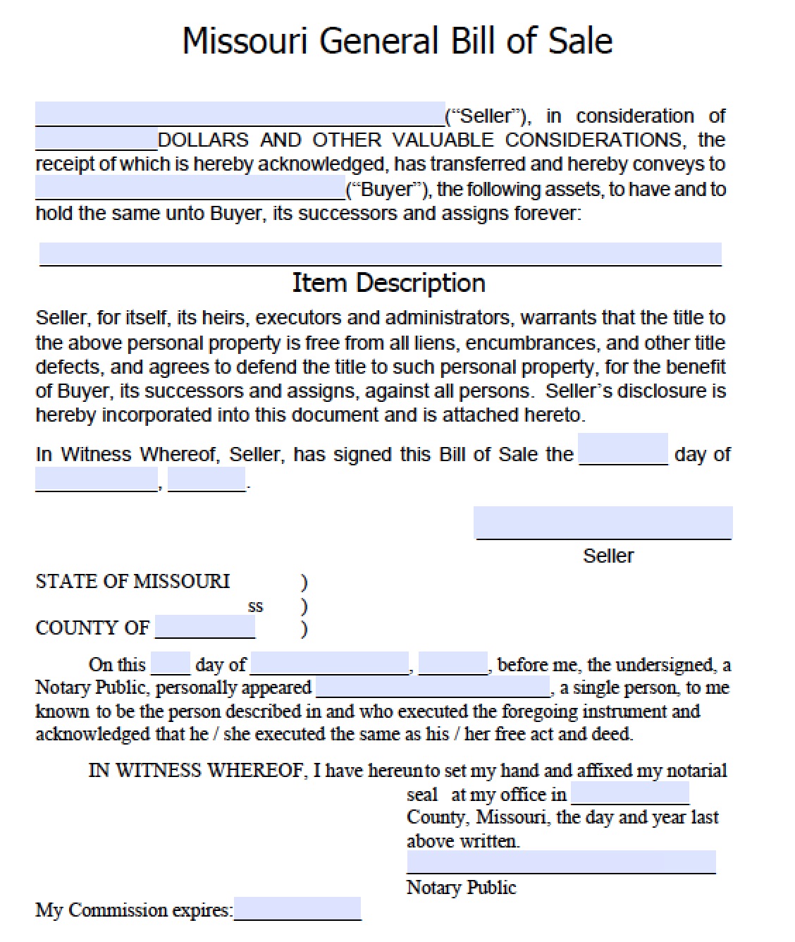 Free Missouri General Blank Bill Of Sale Form PDF Word doc 