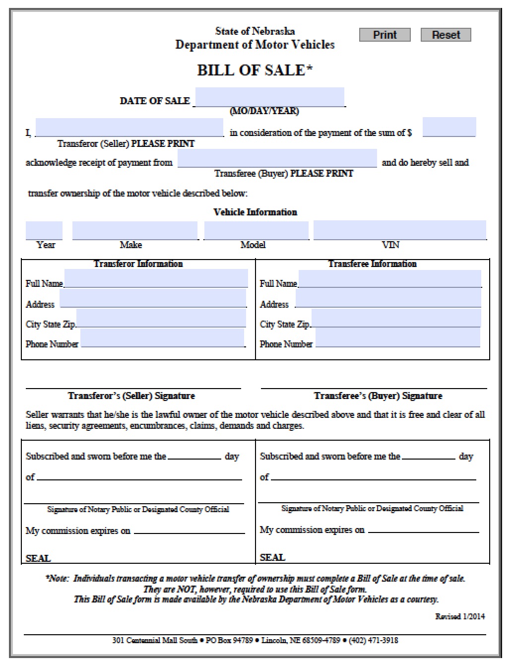 Free Nebraska DMV (Vehicle) Bill of Sale Form PDF Word ( doc)