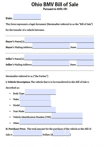 Boat Bill Of Sale Form Ohio Ohio BMV Bill of Sale