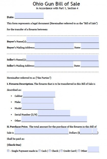 Boat Bill Of Sale Form Ohio Ohio Gun Bill of Sale