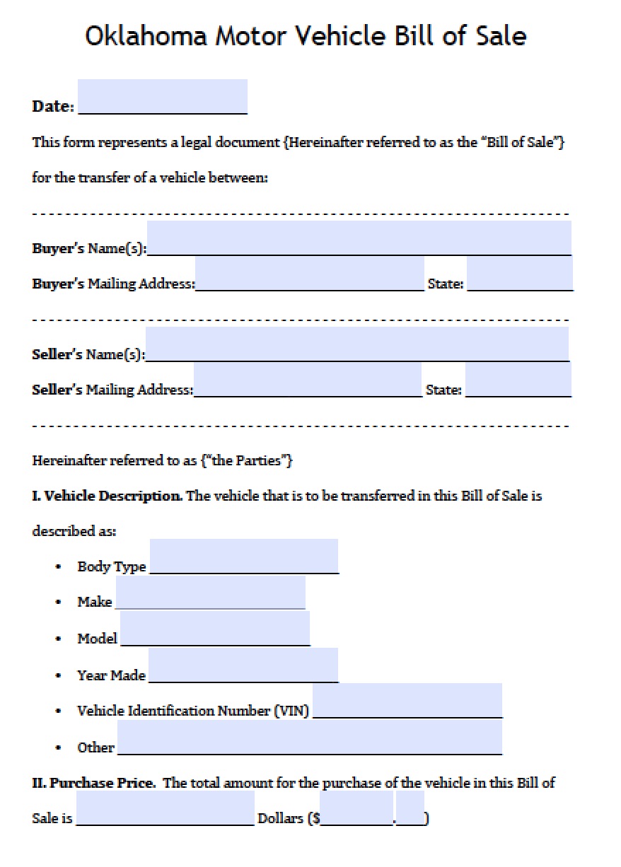 Oklahoma Vehicle Bill Of Sale With Notary