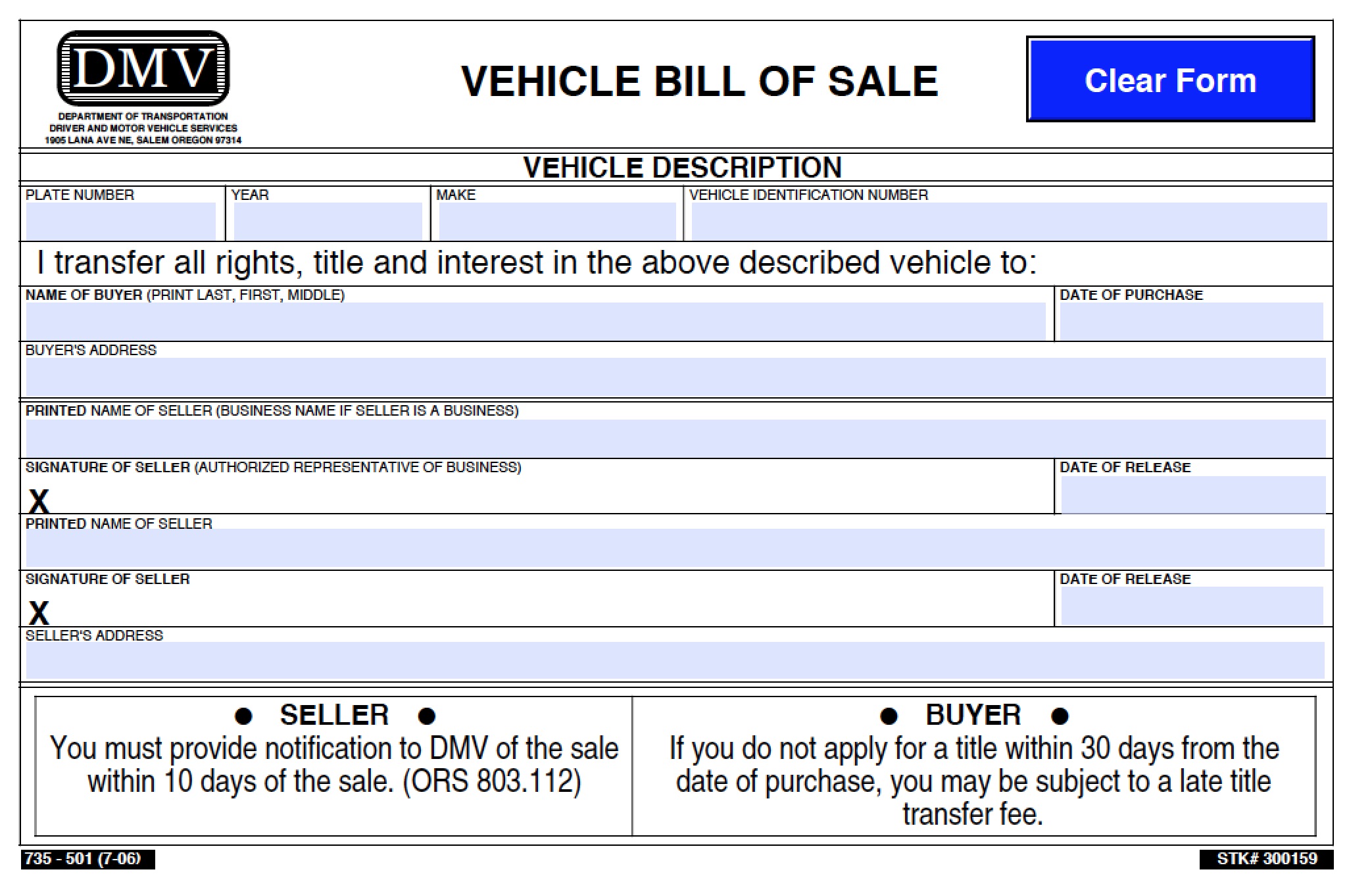 Free Oregon Dmv Vehicle Bill Of Sale 501 Form Pdf Word Doc 8748