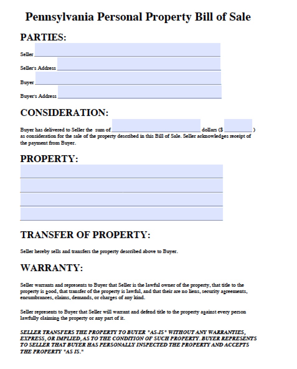 Free Pennsylvania Personal Property Bill of Sale Form PDF Word (.doc)