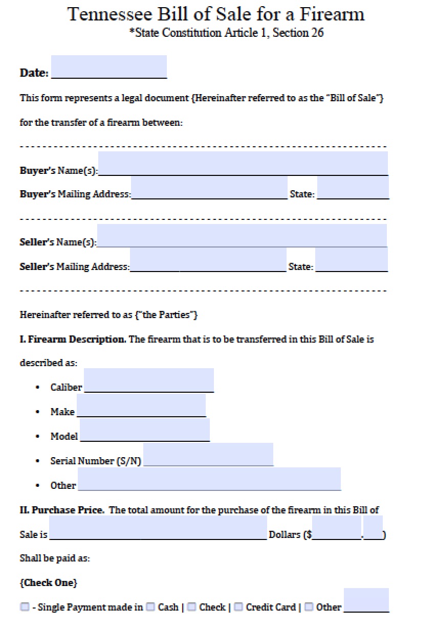 Free Tennessee Firearm Bill of Sale Form PDF Word (.doc)