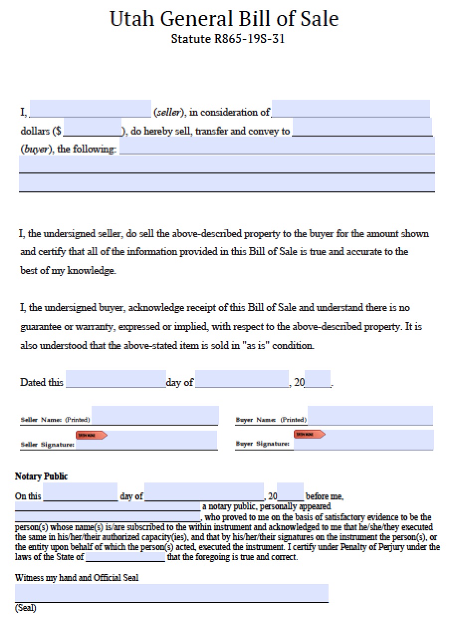 Free Utah General Blank Bill Of Sale Form PDF Word doc 