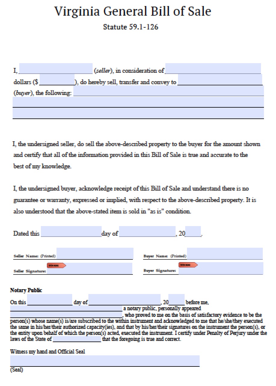 Free Virginia Personal Property Bill of Sale Form PDF Word ( doc)