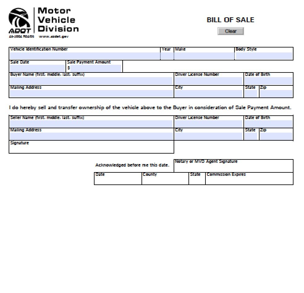 Free Arizona MVD Bill of Sale Form 482004 Form PDF Word (.doc)