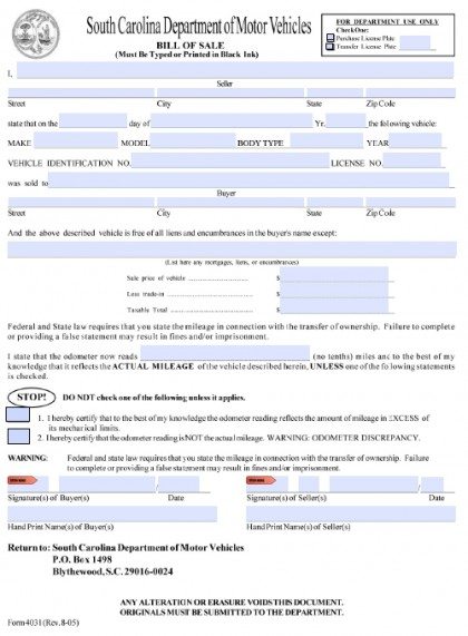 Free South Carolina DMV (Vehicle) Bill of Sale Form | PDF ...