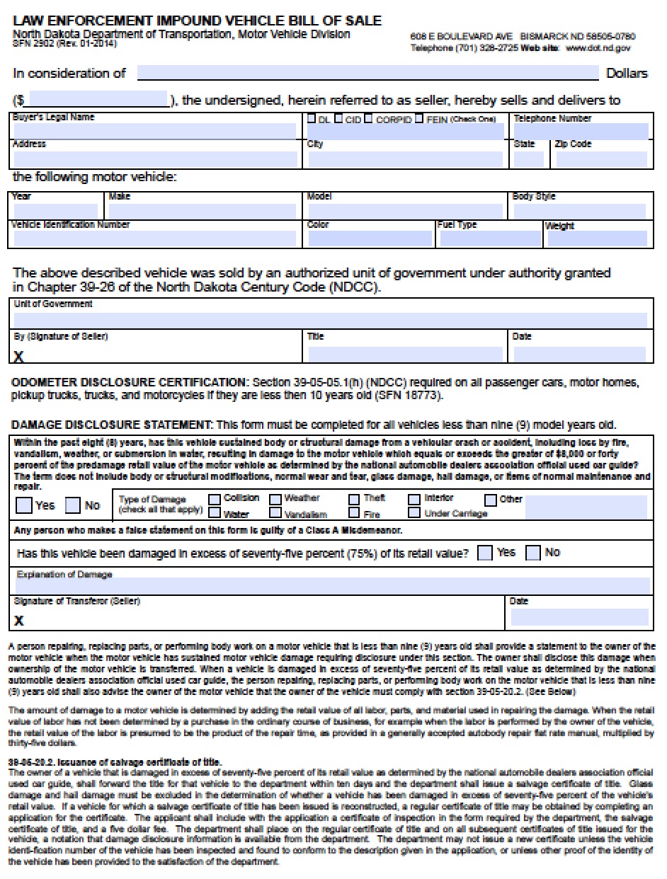 bill dakota north sfn impound 2902 form nd billofsale pdf