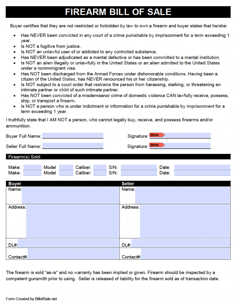 Free Firearm Gun Bill Of Sale Forms Pdf Word Doc 5592