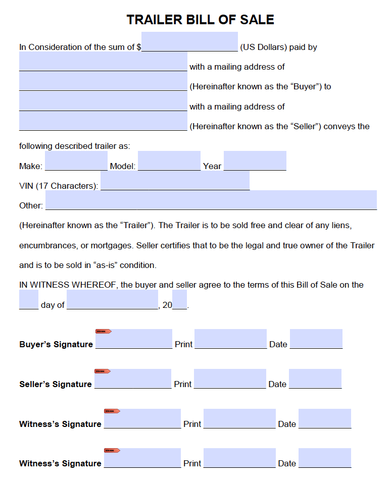 Free Trailer (ONLY) Bill of Sale Form | PDF | Word (.doc)