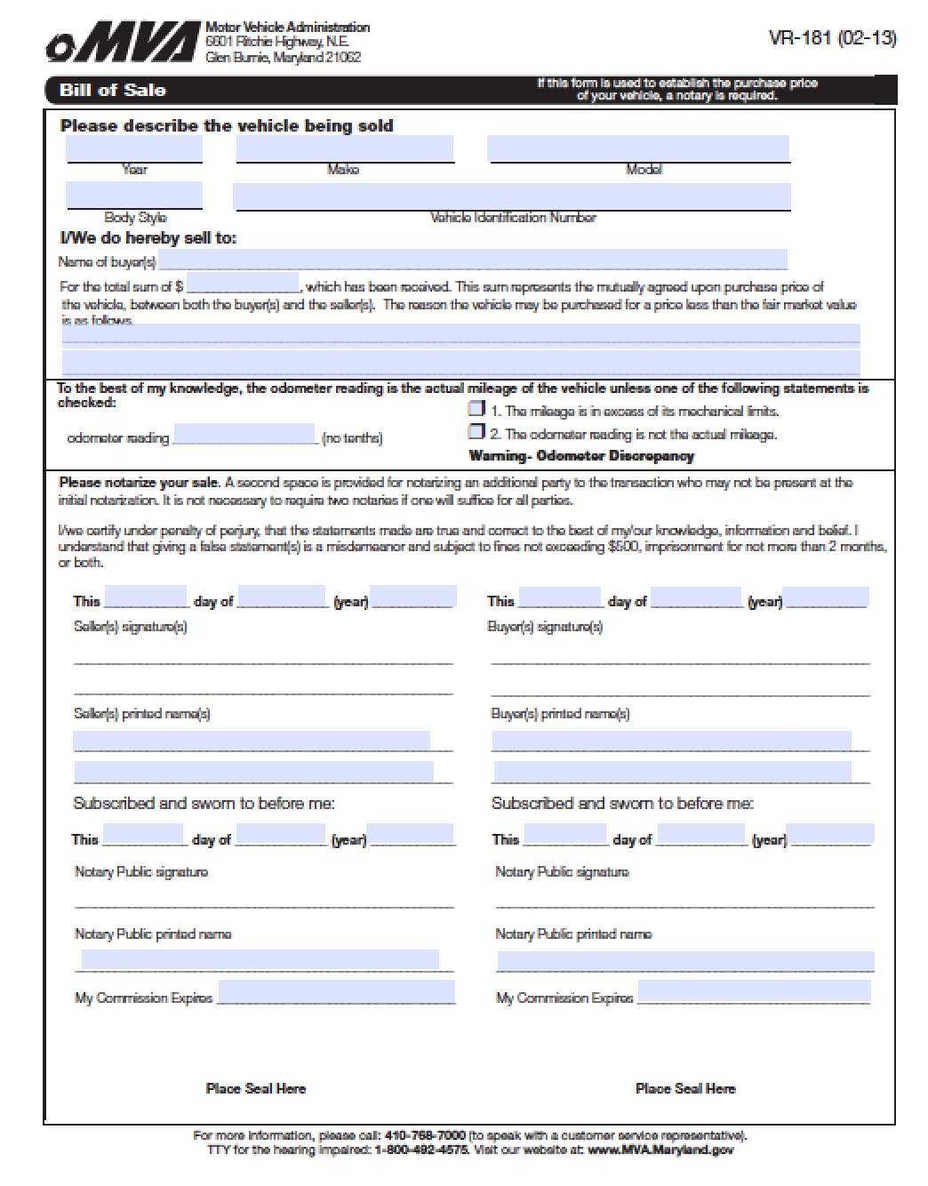 Free Maryland DMV (Vehicle) Bill of Sale VR181 Form PDF Word (.doc)
