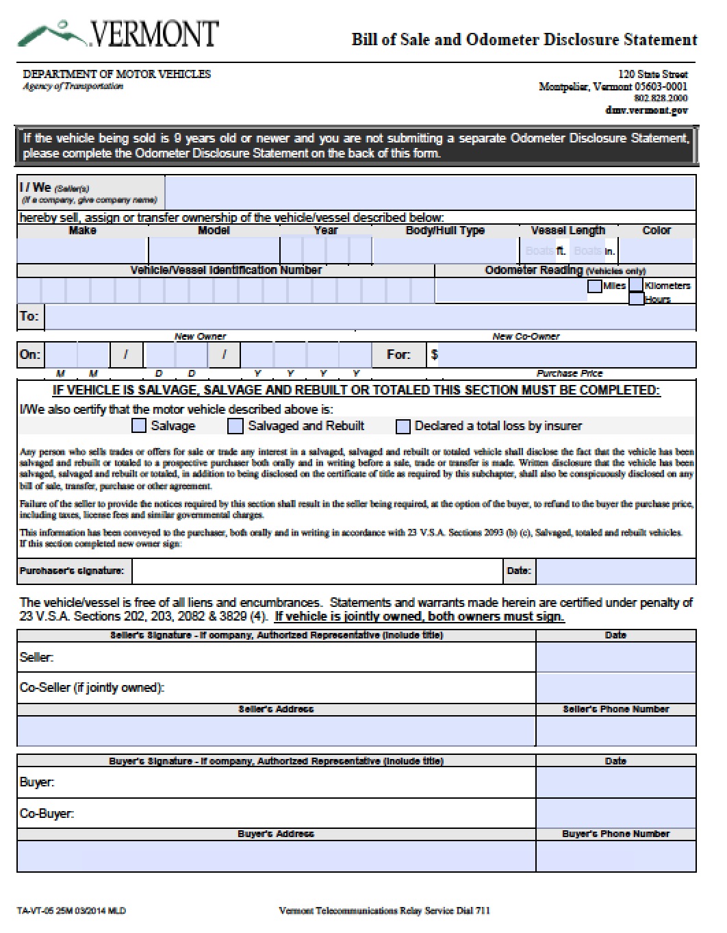 Free Vermont DMV Bill of Sale Vehicle Boat VT005 Form PDF