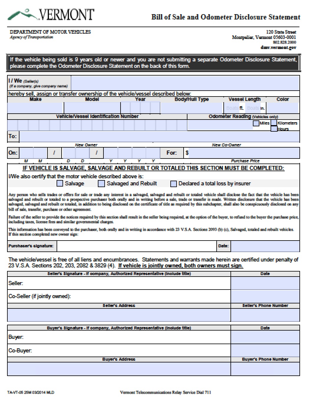 free vermont dmv bill of sale vehicle boat vt005 form pdf