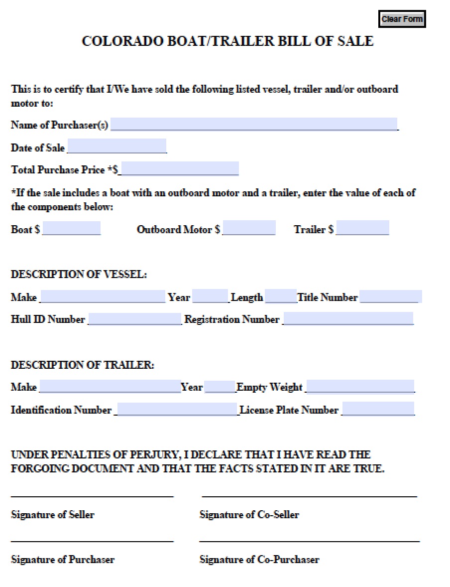 Free Colorado Boat/Trailer Bill of Sale Form PDF Word (.doc)