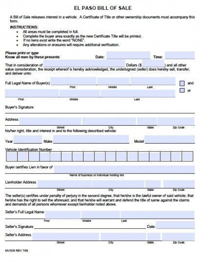 Free El Paso County, Colorado Vehicle Bill of Sale Form 