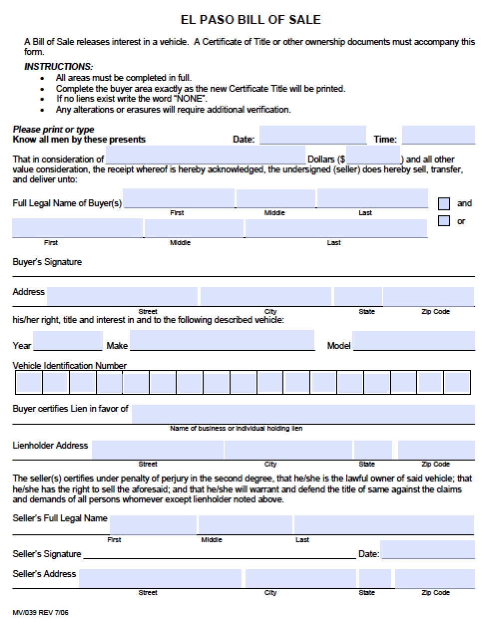 Sample of the Colorado DMV Bill of Sale form from BillOfSale.net