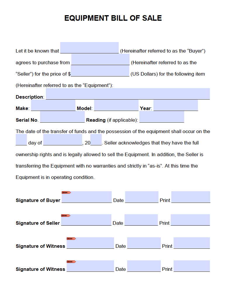 Free Equipment Bill Of Sale Form Pdf Word Doc 1041