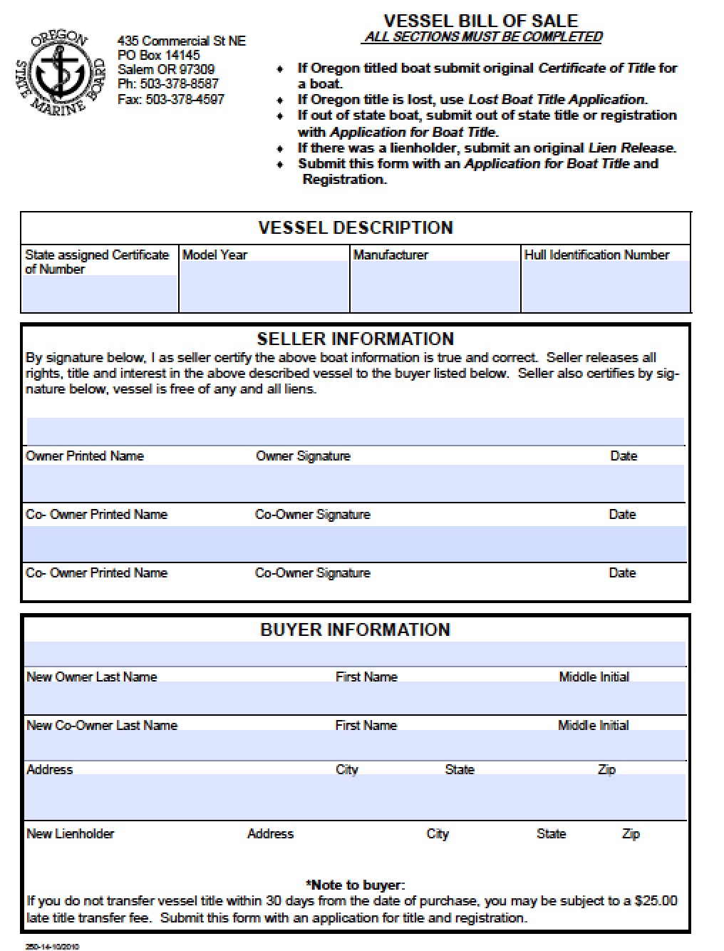 Free Oregon Boat Vessel Bill Of Sale Form PDF Word Doc