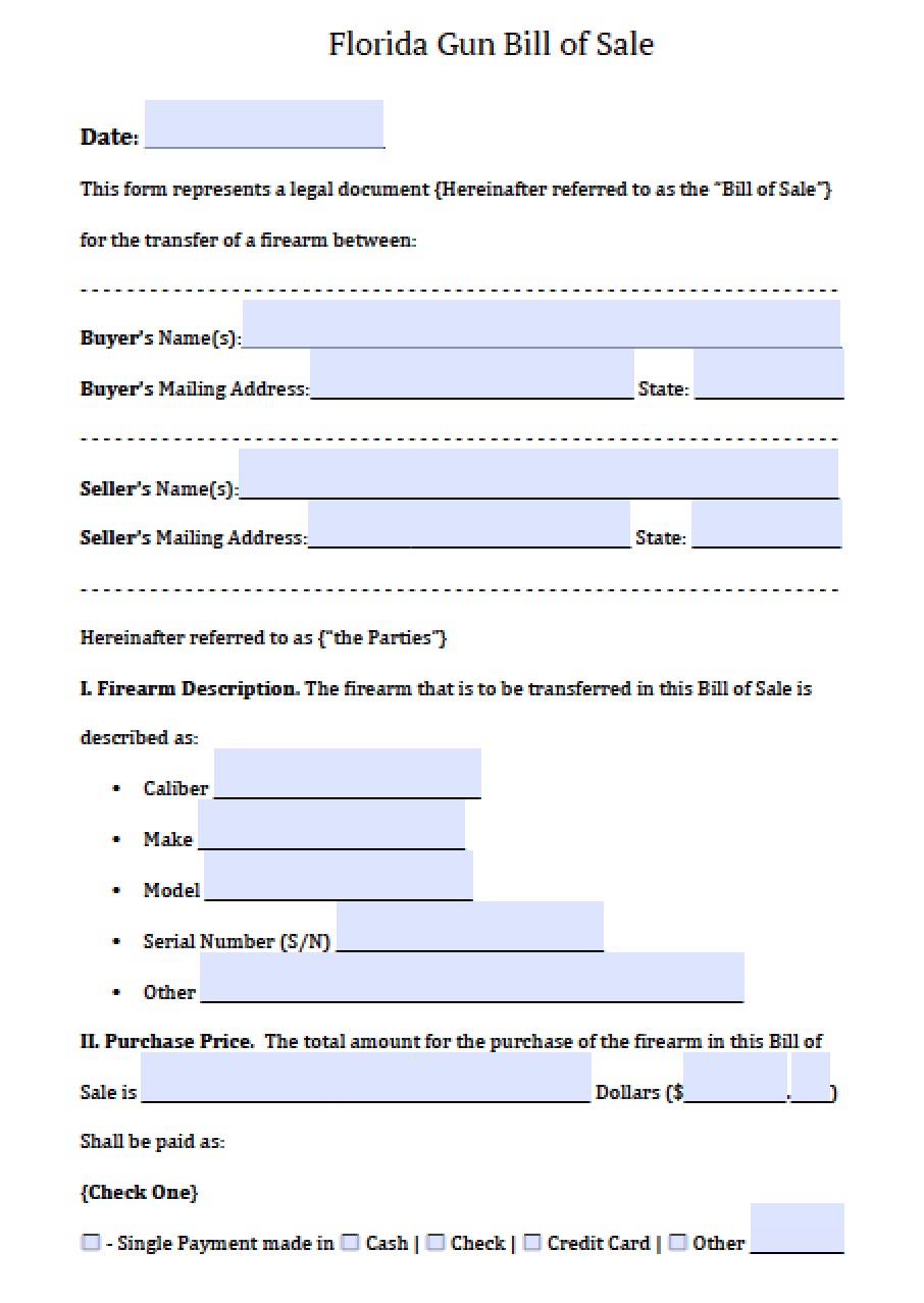 Free Florida Firearm/Gun Bill of Sale Form PDF Word (.doc)