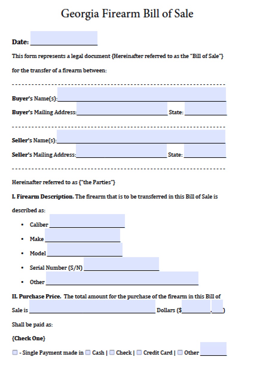 Free Firearm/Gun Bill of Sale Form PDF Word (.doc)