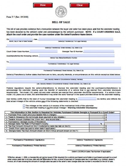 Georgia MVD Bill of Sale