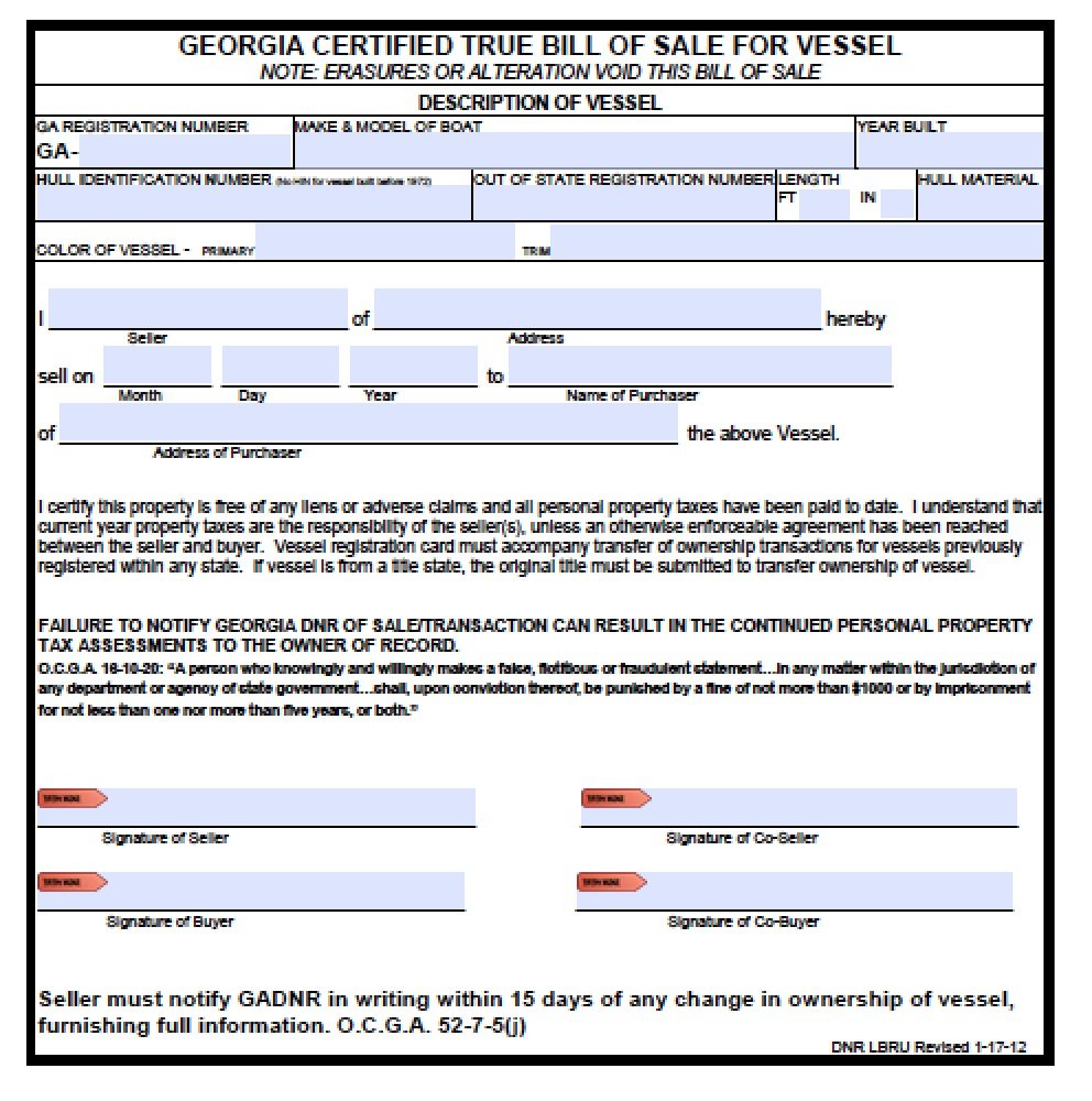 Vessel Bill Of Sale Template