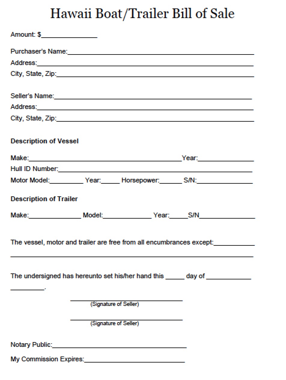 Free Hawaii Boat and Trailer Bill of Sale Form  PDF 