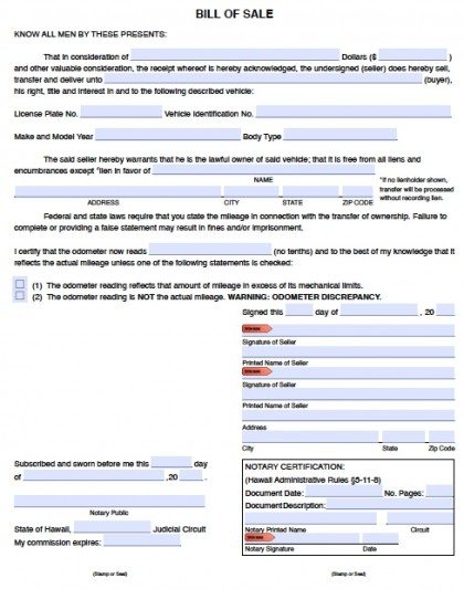 Hawaii DMV Bill of Sale