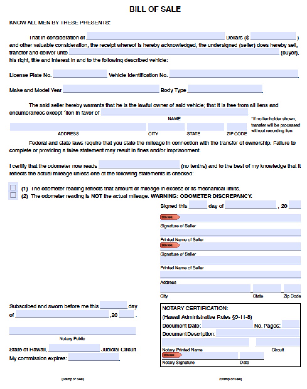 Free Hawaii DMV (Vehicle) Bill of Sale Form PDF Word (.doc)