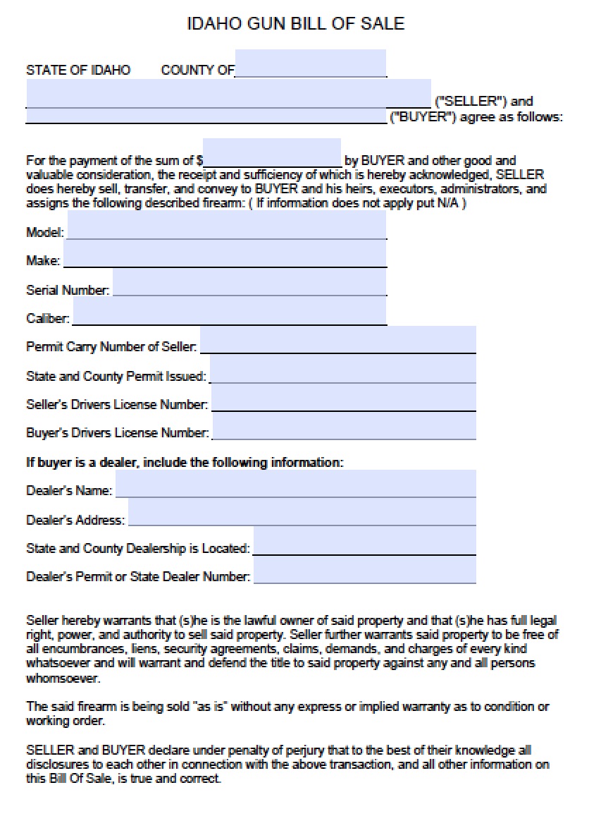 Free Idaho Firearm/Gun Bill of Sale Form PDF Word (.doc)