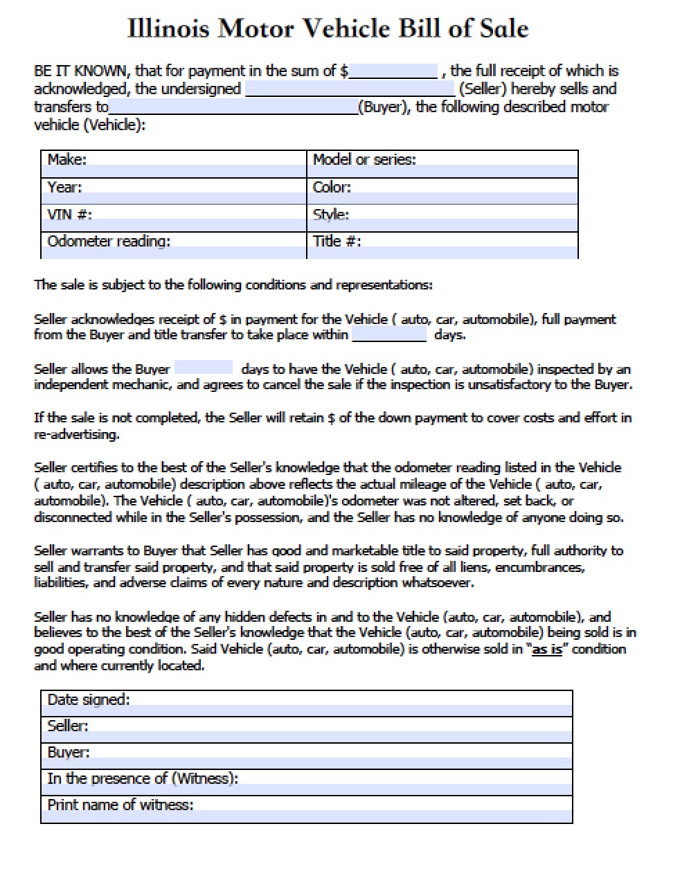 Free Printable Bill Of Sale Template For Car In Illinois