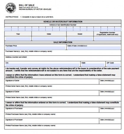 Indiana BMV Bill of Sale with Odometer Statement