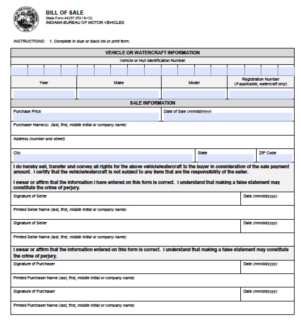 Free Indiana Vehicle (BMV) Bill of Sale 44237 Form PDF Word (.doc)