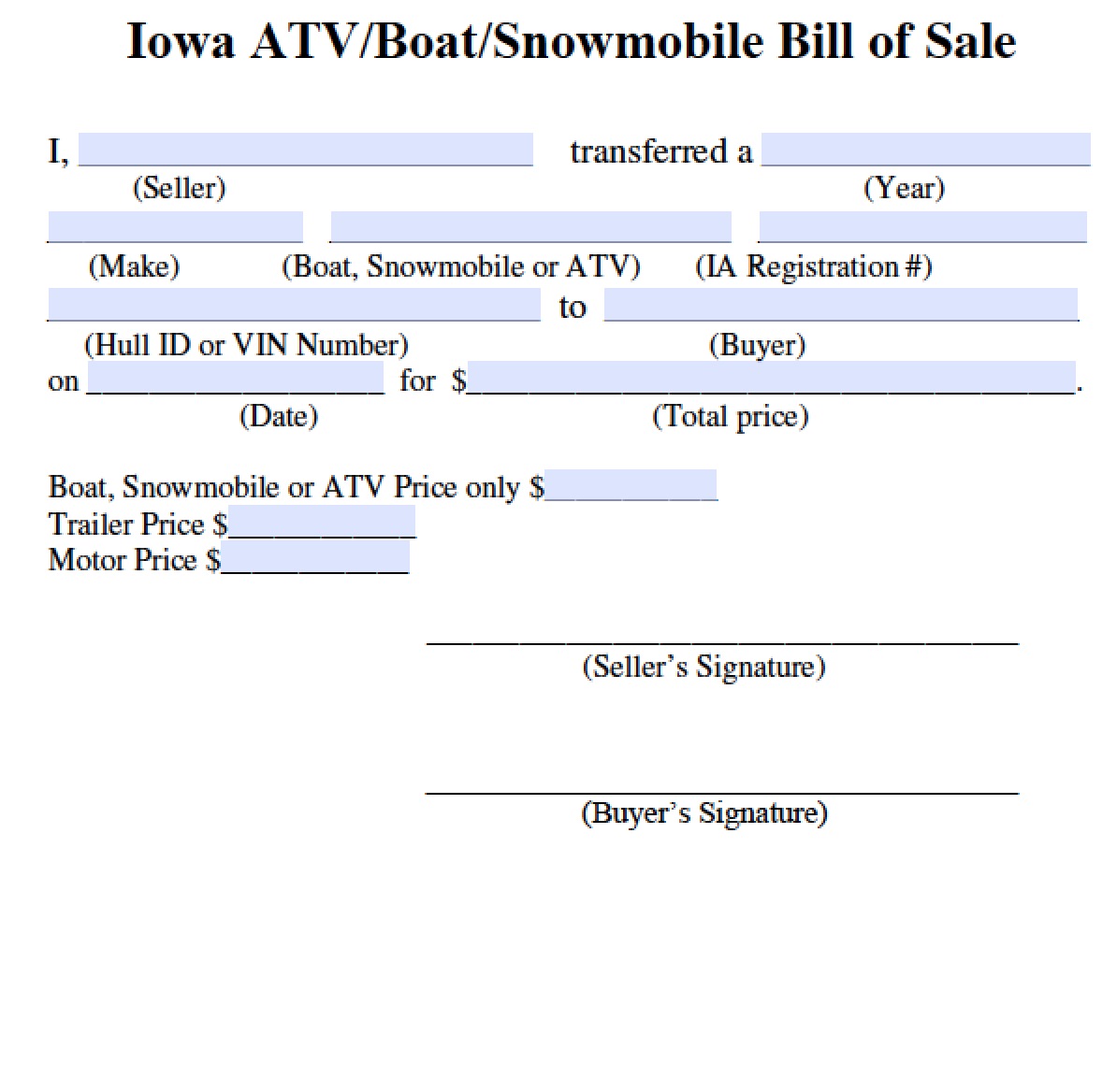 Free Iowa Bill of Sale for ATV Boat Snowmobile Form PDF Word (.doc)