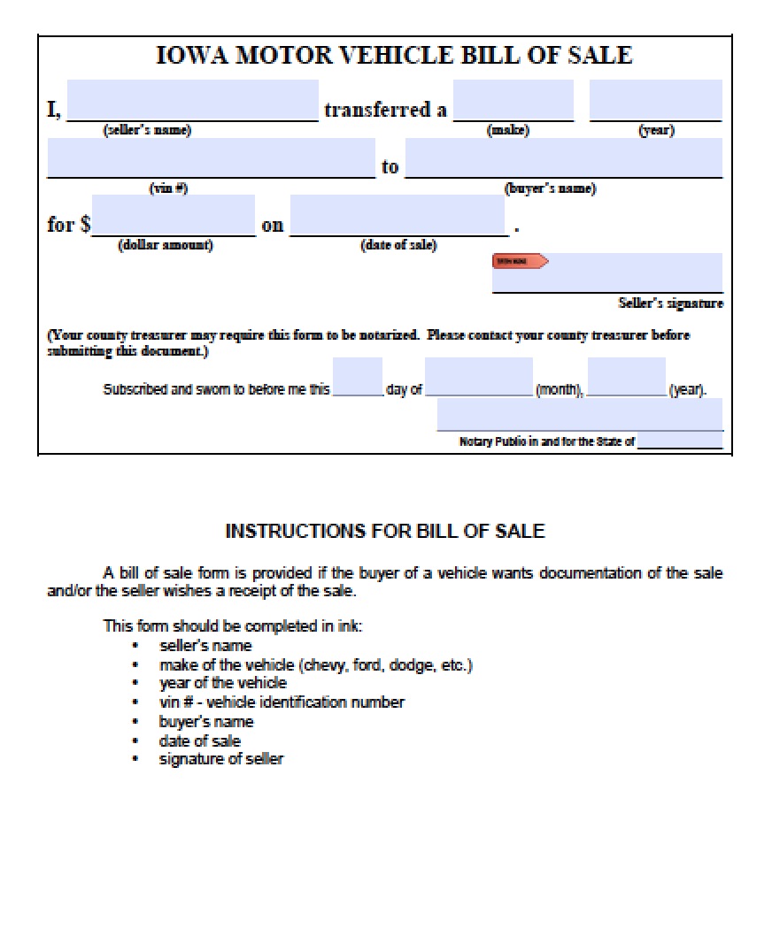 Iowa Bill Of Sale Template