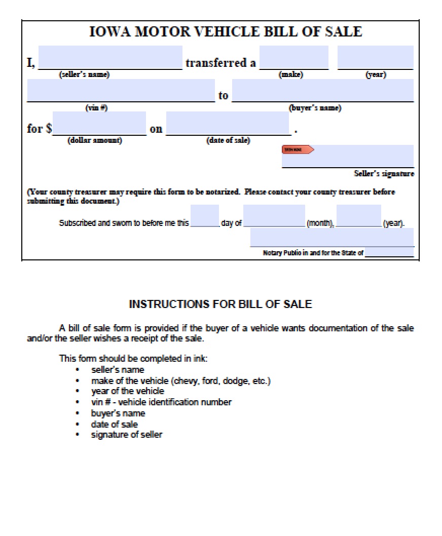 Free Iowa Motor Vehicle Bill Of Sale Dept Of Transportation Form 