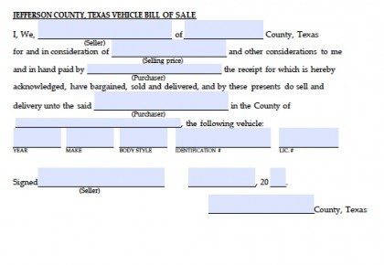 Jefferson County, Texas Vehicle Bill of Sale