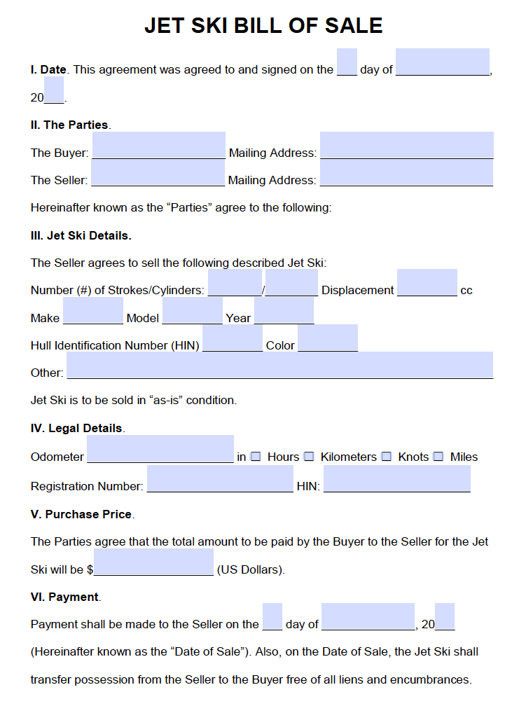 Free Jet Ski Bill Of Sale Form PDF Word doc 