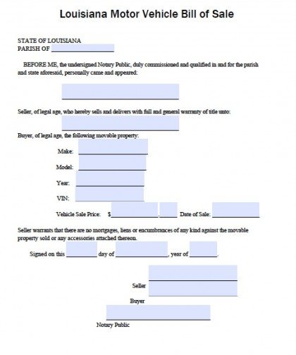 Louisiana Motor Vehicle Bill of Sale Form