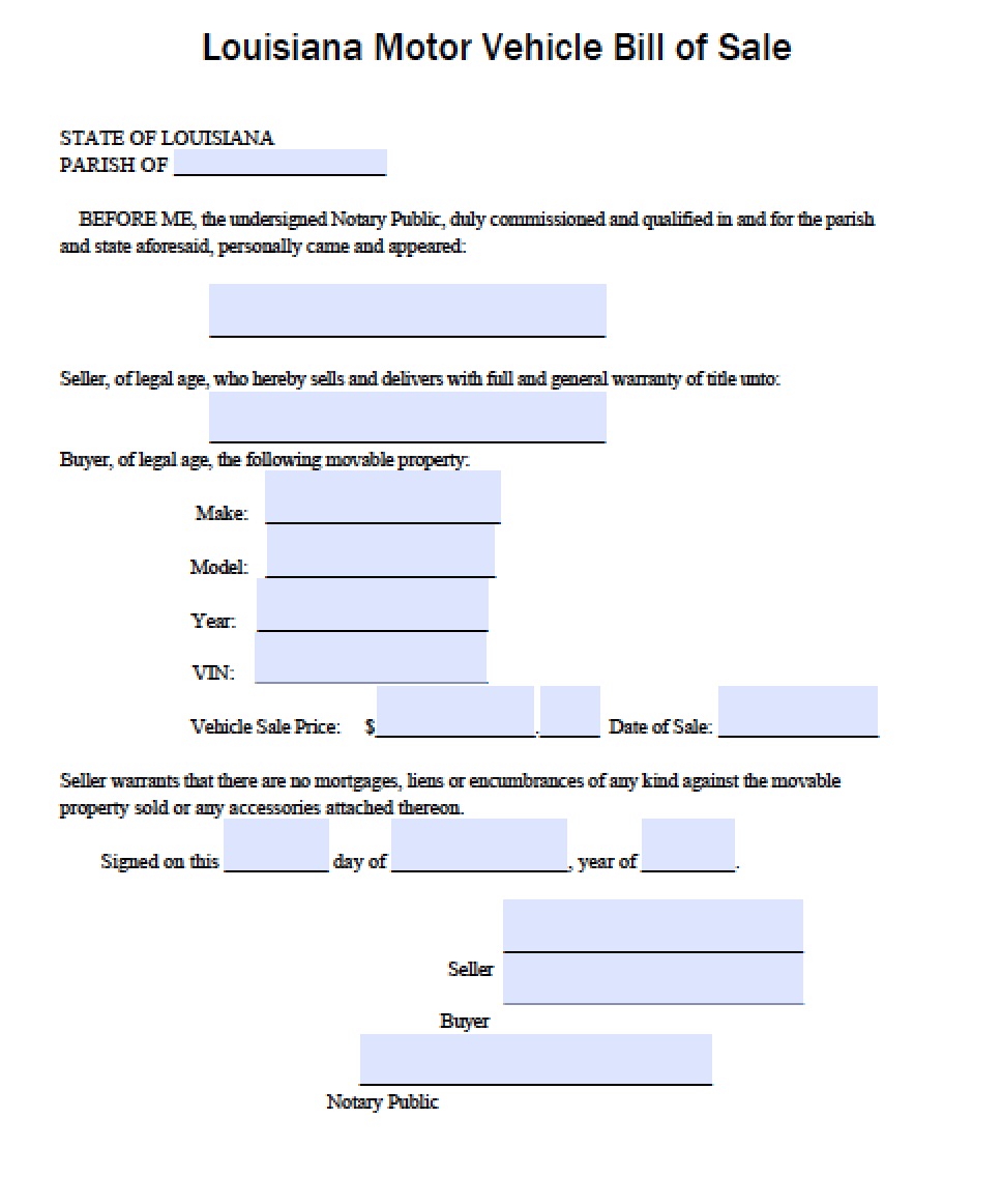Free Louisiana DMV Vehicle Bill Of Sale Form PDF Word doc 